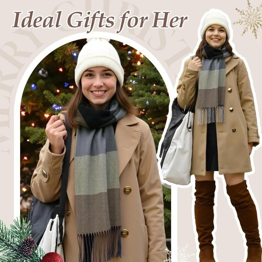 Women's brown Red Lattice Scarf Fashion Long Plaid Shawls Wraps Big Grid Winter